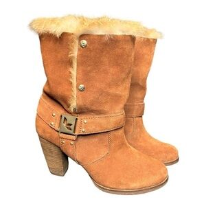 Koolaburra UGG Karlee Brown Suede Boots Fur Lining Snap Close Heel 8